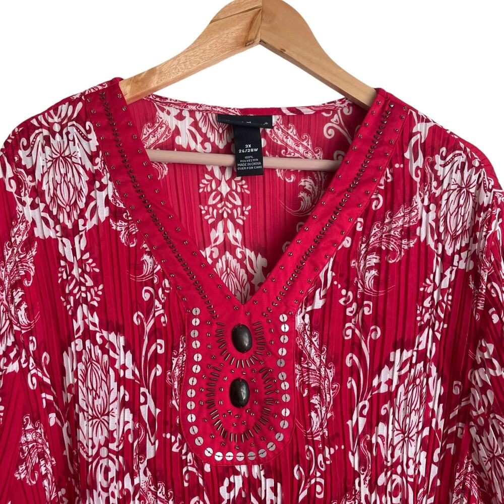 Maggie Barnes Women Top 3X Red Damask Print Crinkle Beaded Dressy‎ Mature Office - Picture 9 of 10